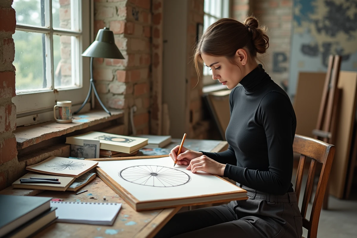 Jeune femme esquissant Duchamp dans son atelier lumineux