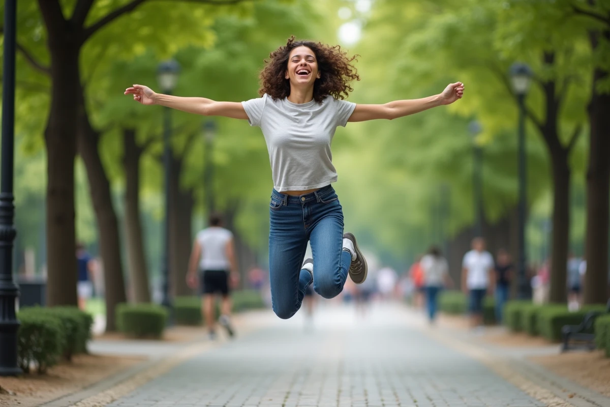 Jeune femme sautant dans un parc urbain verdoyant