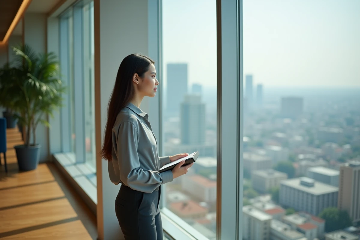 Jeune femme professionnelle regardant la ville depuis une fenêtre