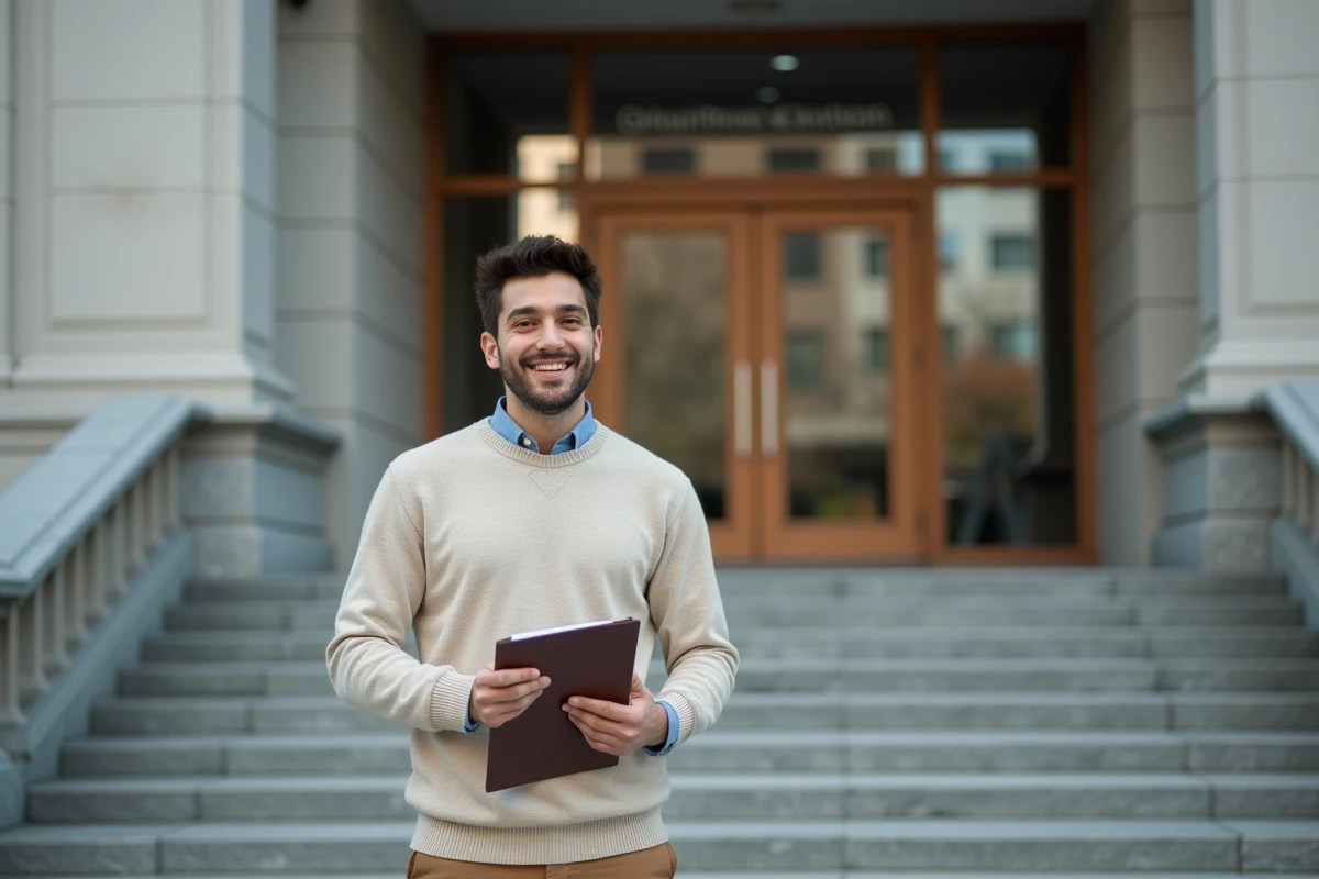 Jeune homme souriant devant un bâtiment officiel