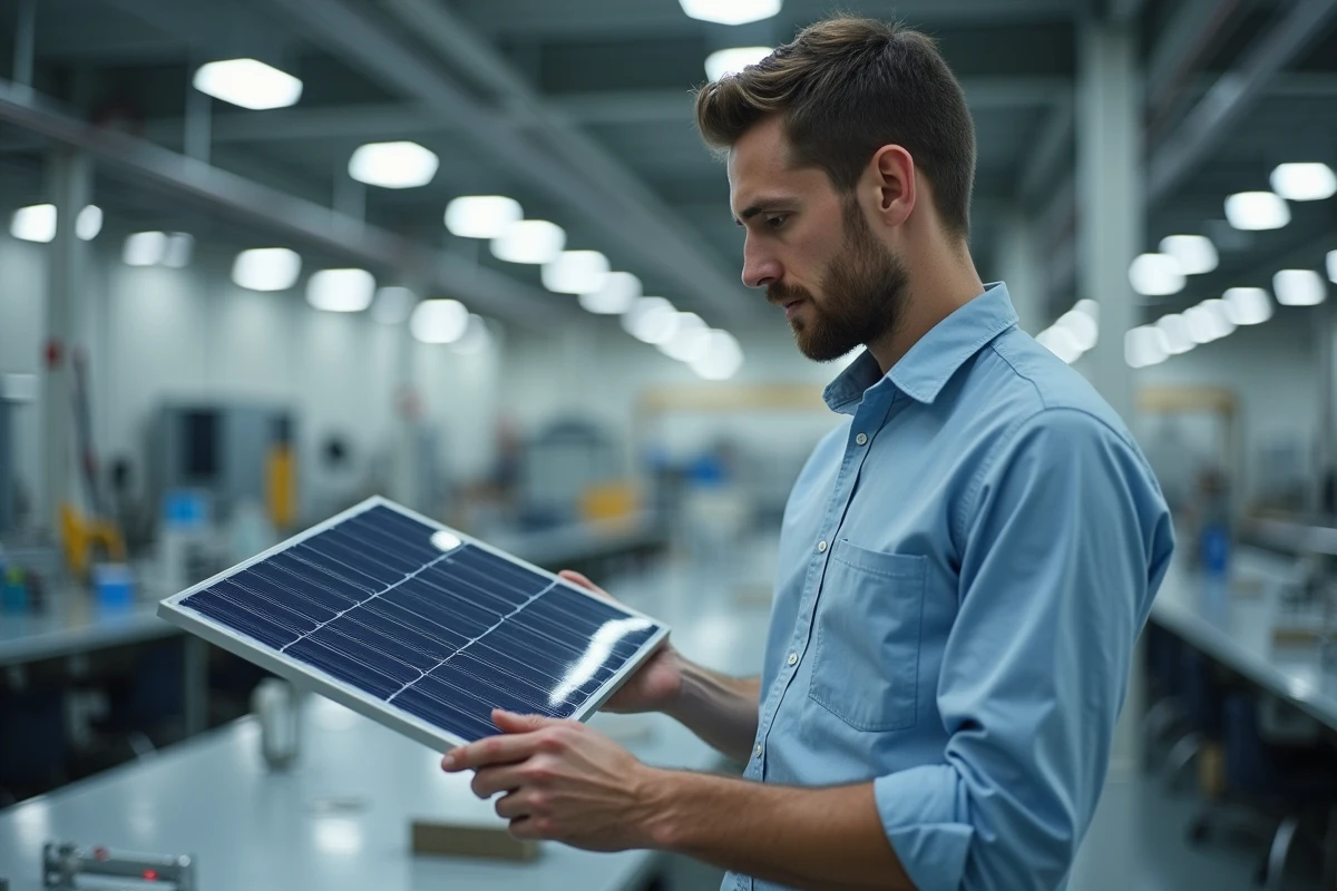 Jeune homme examinant un panneau solaire en laboratoire