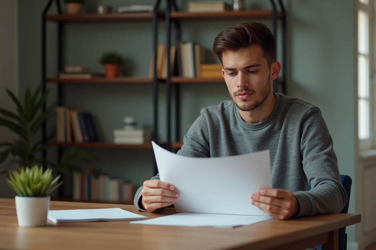 Jeune homme lisant des documents à la maison