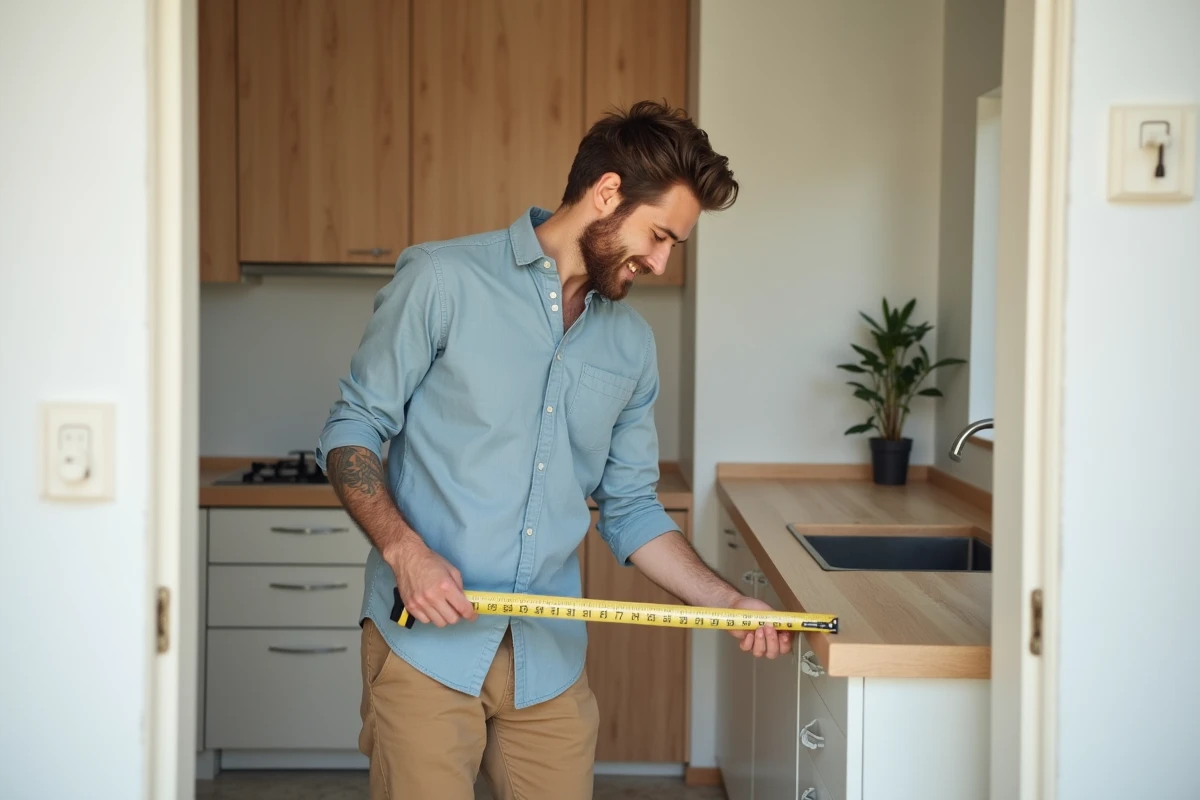 Jeune homme mesurant un coin de cuisine lumineux
