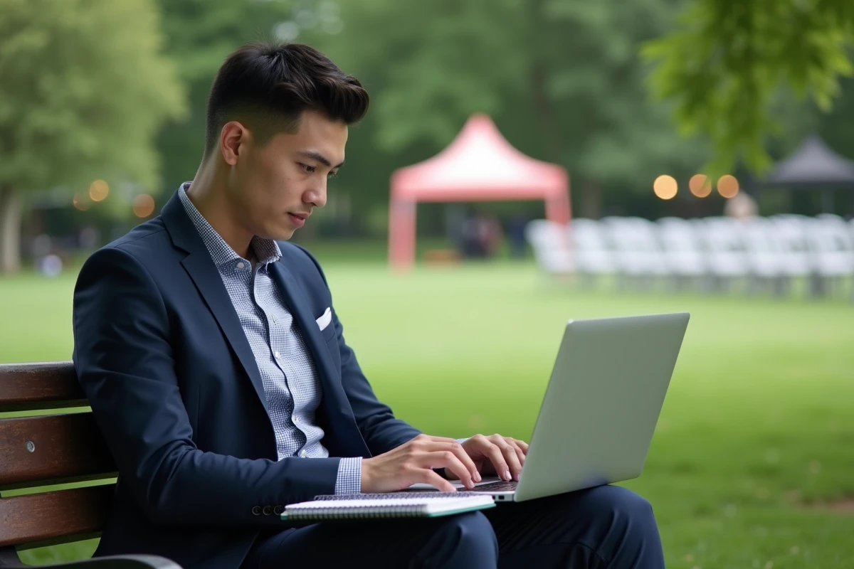 Jeune homme en extérieur travaillant sur son ordinateur