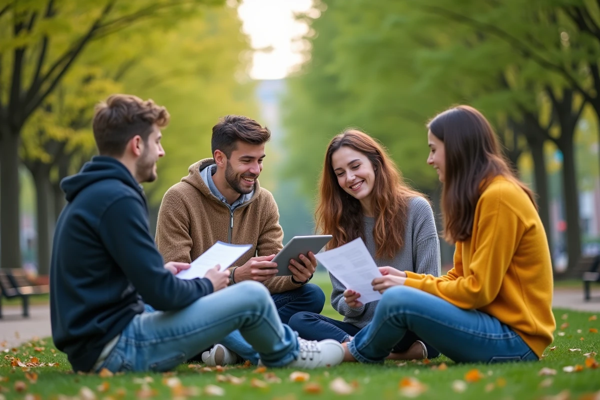 Jeunes adultes discutant dans un parc avec documents et tablette