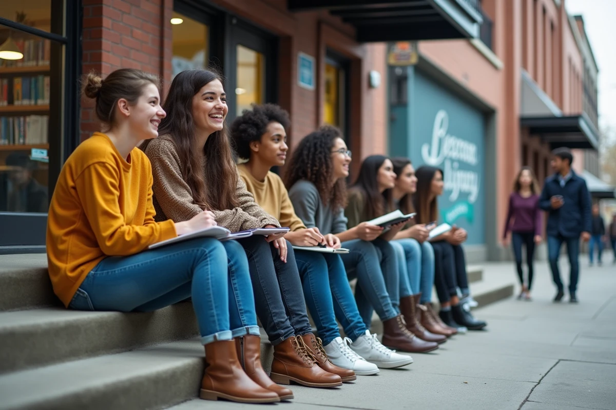 Groupe de jeunes adultes discutant devant une bibliothèque urbaine