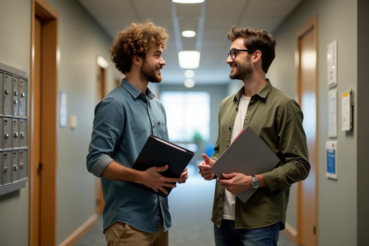 Deux jeunes hommes discutent dans un couloir d appartement avec dossiers