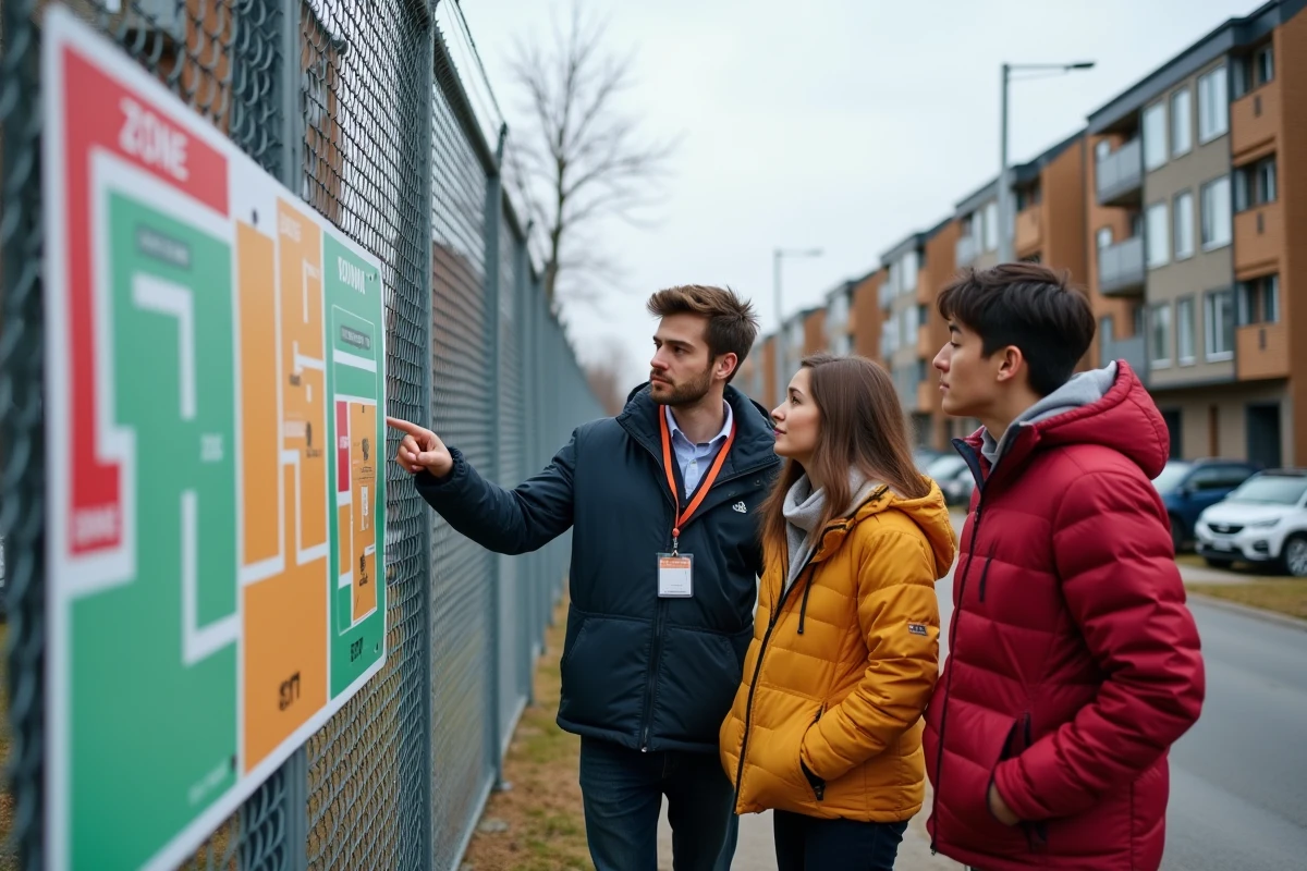 Groupe de jeunes professionnels discute devant un panneau de zonage