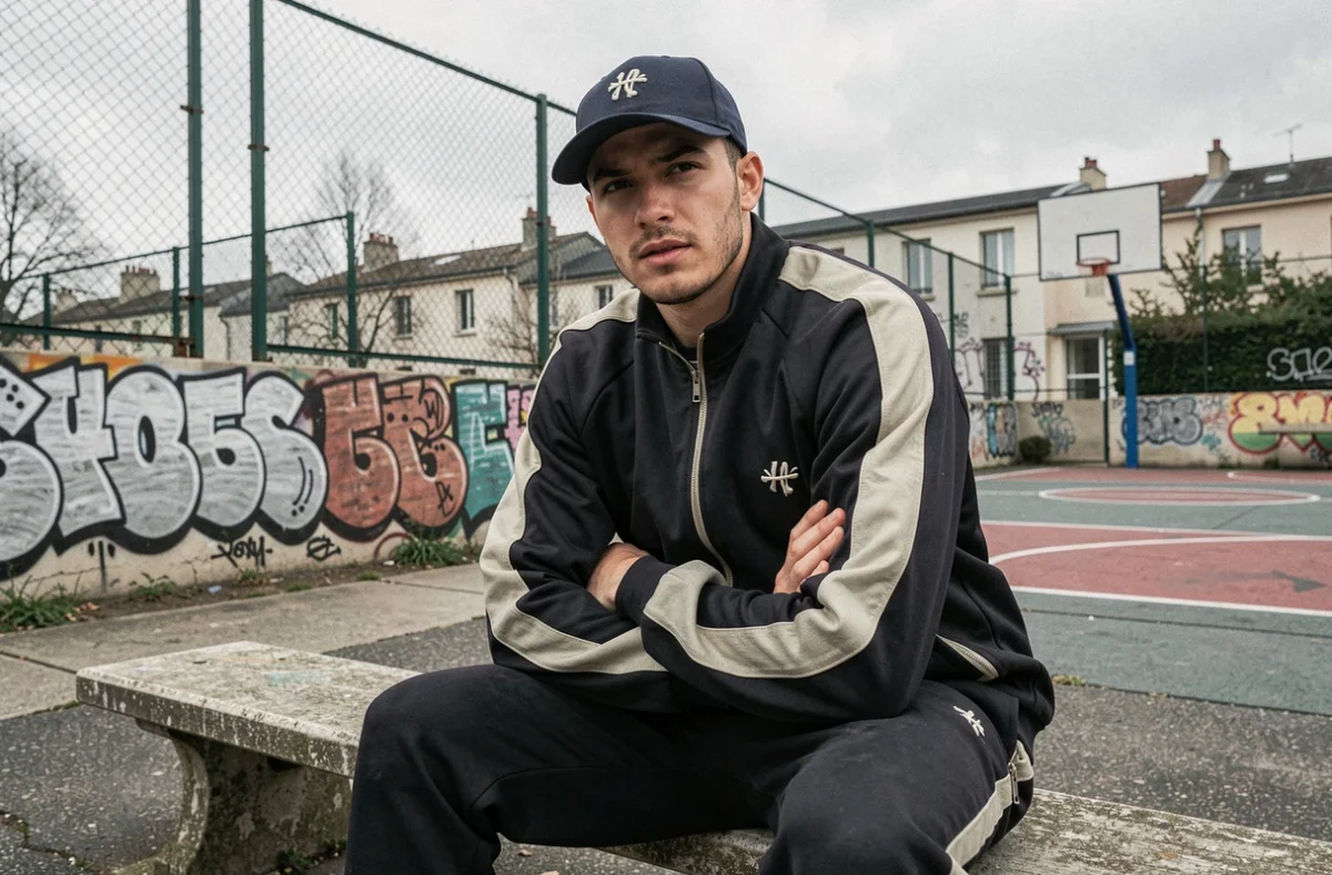 Rappeur urbain assis dans un quartier parisien avec un look streetwear, expression dubitative face caméra