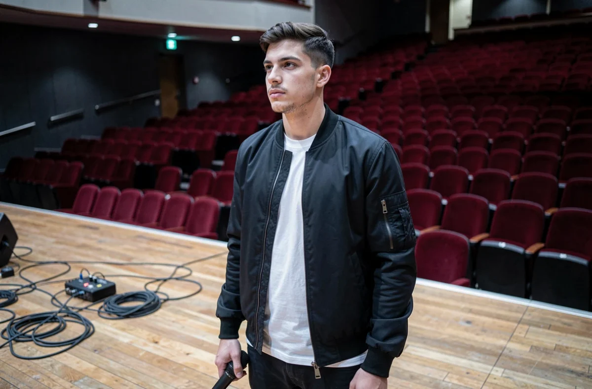 Rappeur seul sur une scène de concert vide en répétition, regard pensif vers les sièges déserts