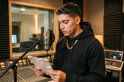 Rappeur français dans un studio d'enregistrement tenant un carnet de paroles, ambiance professionnelle et introspective