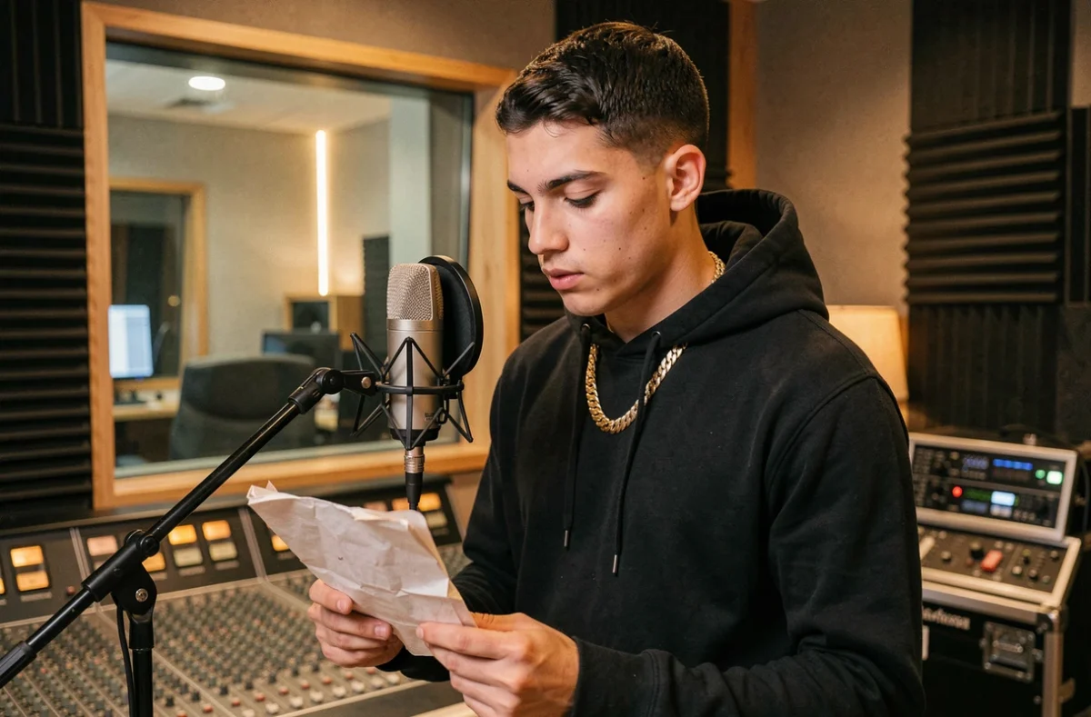 Rappeur français dans un studio d'enregistrement tenant un carnet de paroles, ambiance professionnelle et introspective