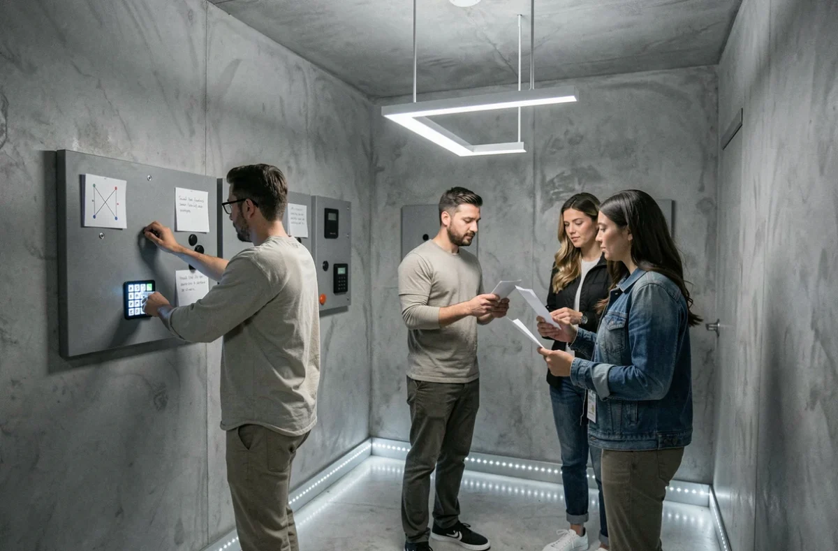 Équipe de joueurs résolvant des défis contemporains dans la salle design de Just Escape à Lille