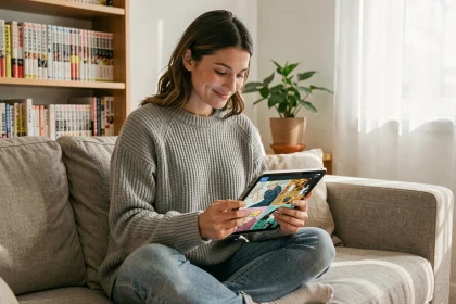 Jeune femme lisant des mangas gratuitement sur une tablette dans un salon cosy en 2026