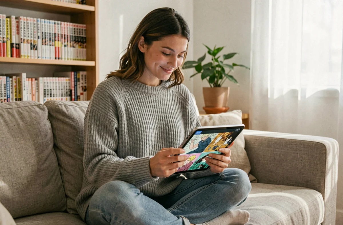 Jeune femme lisant des mangas gratuitement sur une tablette dans un salon cosy en 2026
