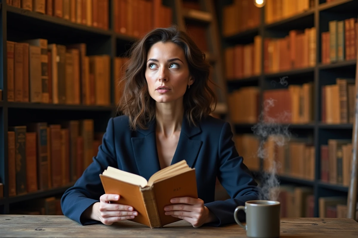 Femme lisant Prométhée enchaîné d'Eschyle dans une librairie indépendante, réfléchissant au mythe du pouvoir