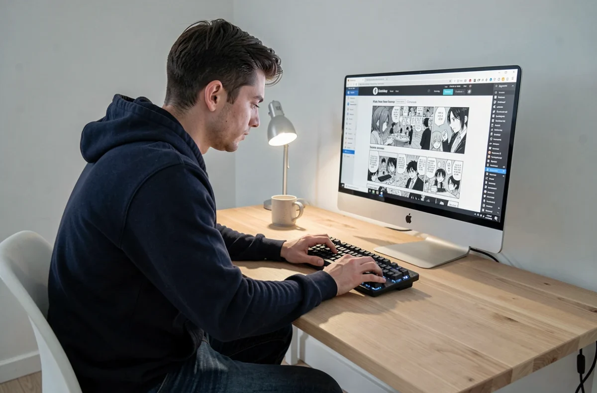 Homme lisant des scans de manga gratuitement sur ordinateur dans un bureau minimaliste