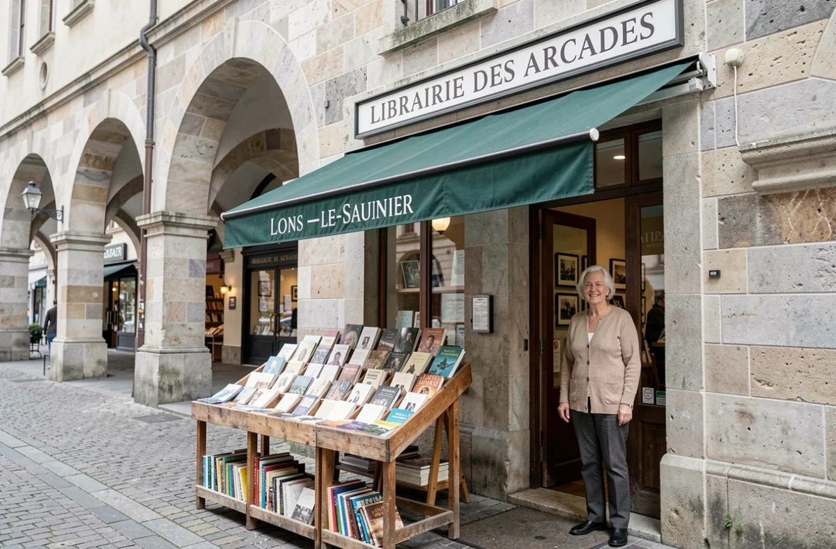 Façade de la Librairie des Arcades à Lons-le-Saunier sous les arcades en pierre avec des livres exposés en vitrine extérieure