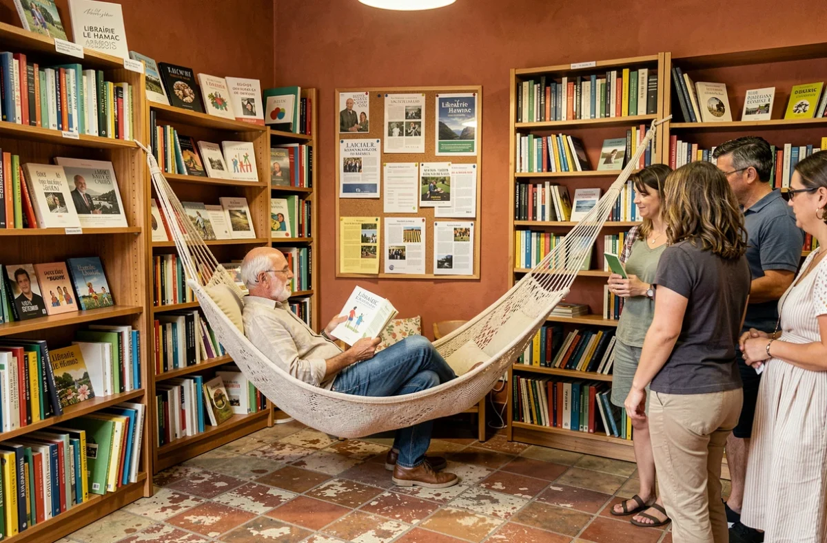 Intérieur de la Librairie Le Hamac à Arbois avec un vrai hamac installé entre les étagères de livres