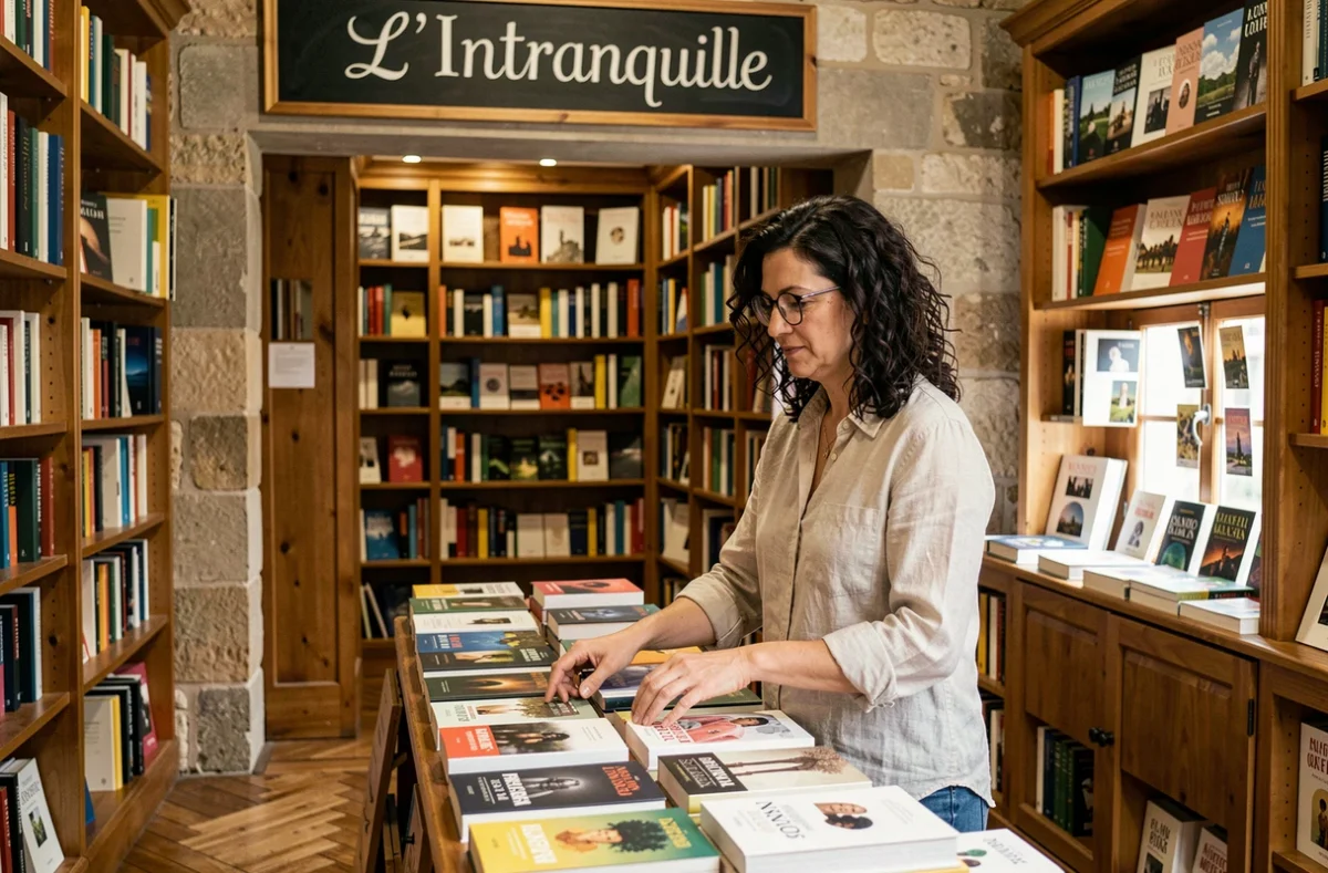 Intérieur de la librairie L'Intranquille à Besançon avec une libraire arrangeant des livres sur une table de présentation