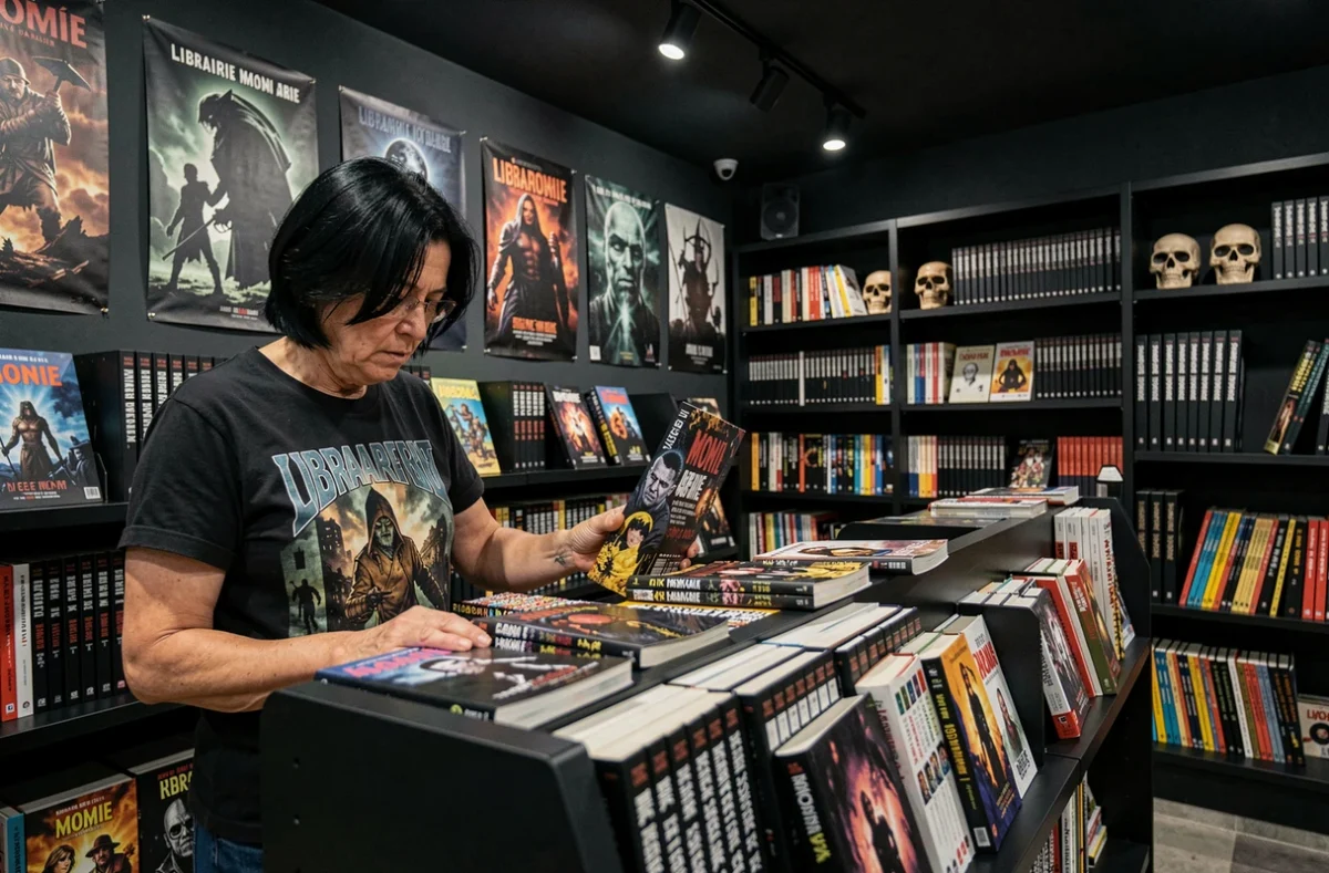 Intérieur sombre et atmosphérique de la Librairie Momie à Dijon spécialisée en fantasy, horreur et bandes dessinées