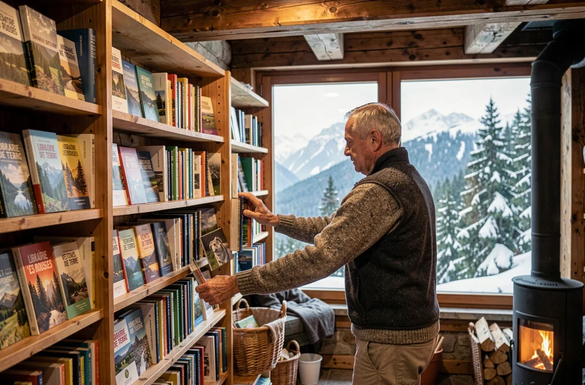 Intérieur de la Librairie Vents de Terre aux Rousses, librairie de montagne avec vue sur le massif du Jura enneigé