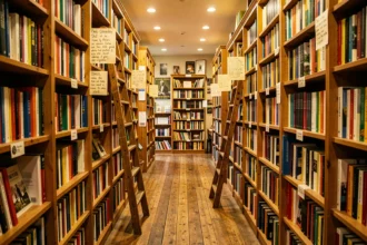 Intérieur d'une librairie indépendante en Bourgogne-Franche-Comté avec des étagères en bois chargées de livres colorés