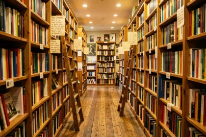 Intérieur d'une librairie indépendante en Bourgogne-Franche-Comté avec des étagères en bois chargées de livres colorés