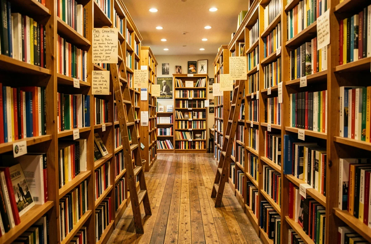 Intérieur d'une librairie indépendante en Bourgogne-Franche-Comté avec des étagères en bois chargées de livres colorés