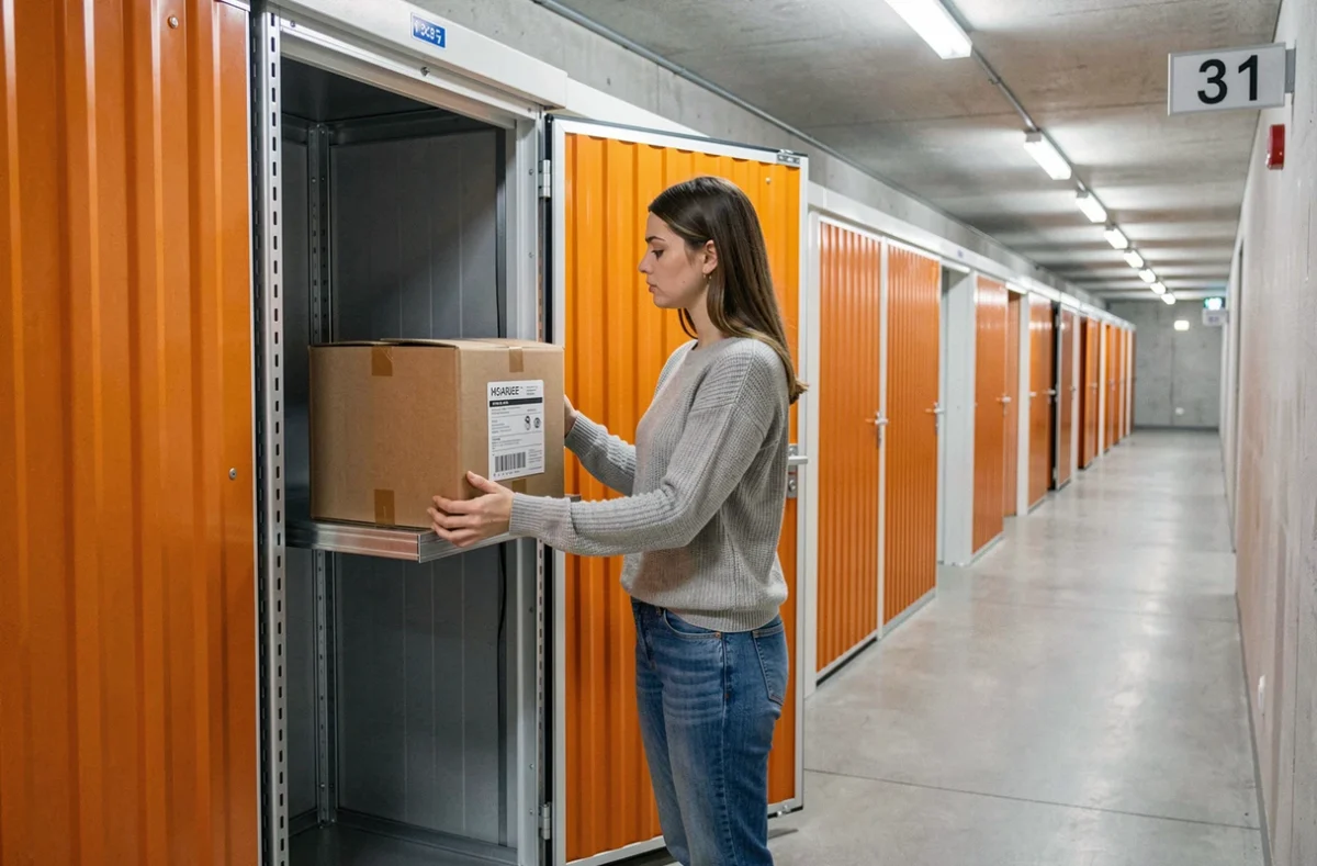 Une cliente accédant à son box de stockage chez Locakase Strasbourg dans un couloir moderne d'un entrepôt de self-stockage