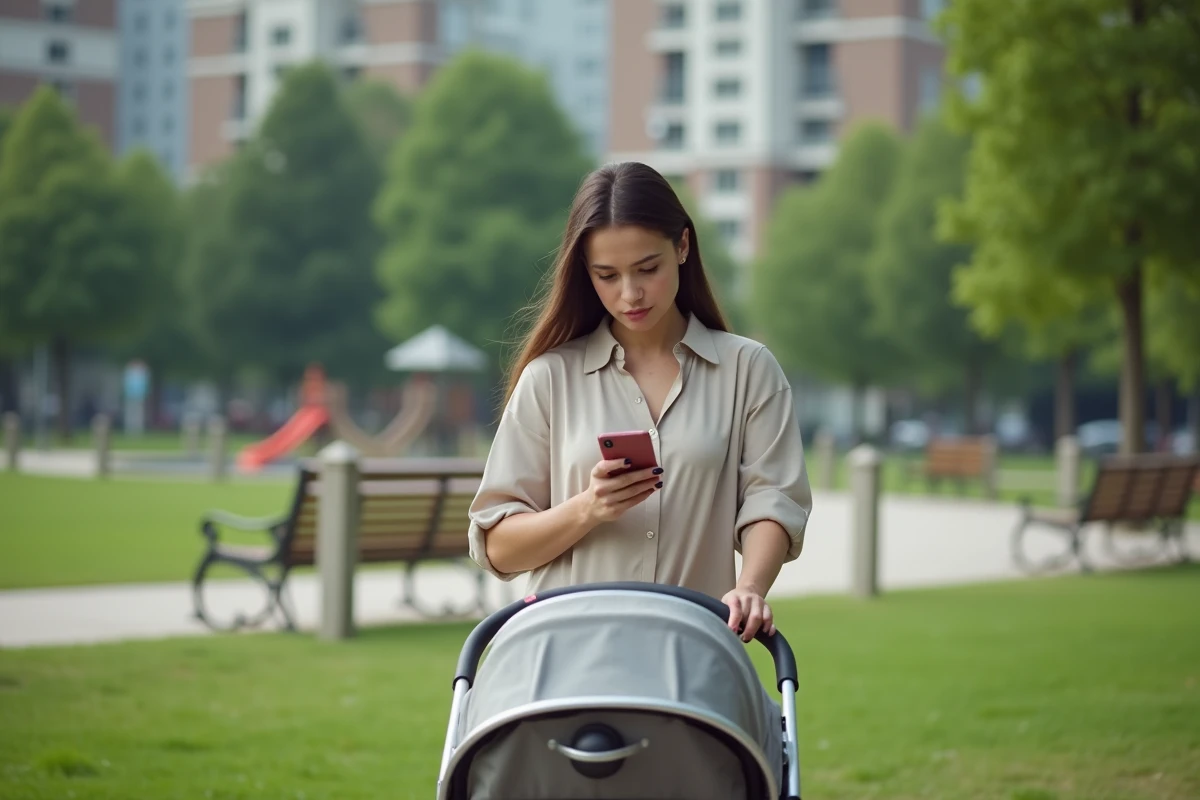 Jeune mère poussant une poussette dans un parc urbain