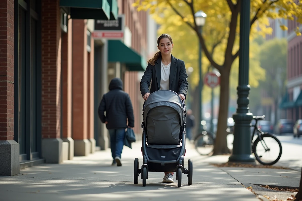 Maman pousse une poussette dans une rue urbaine animée