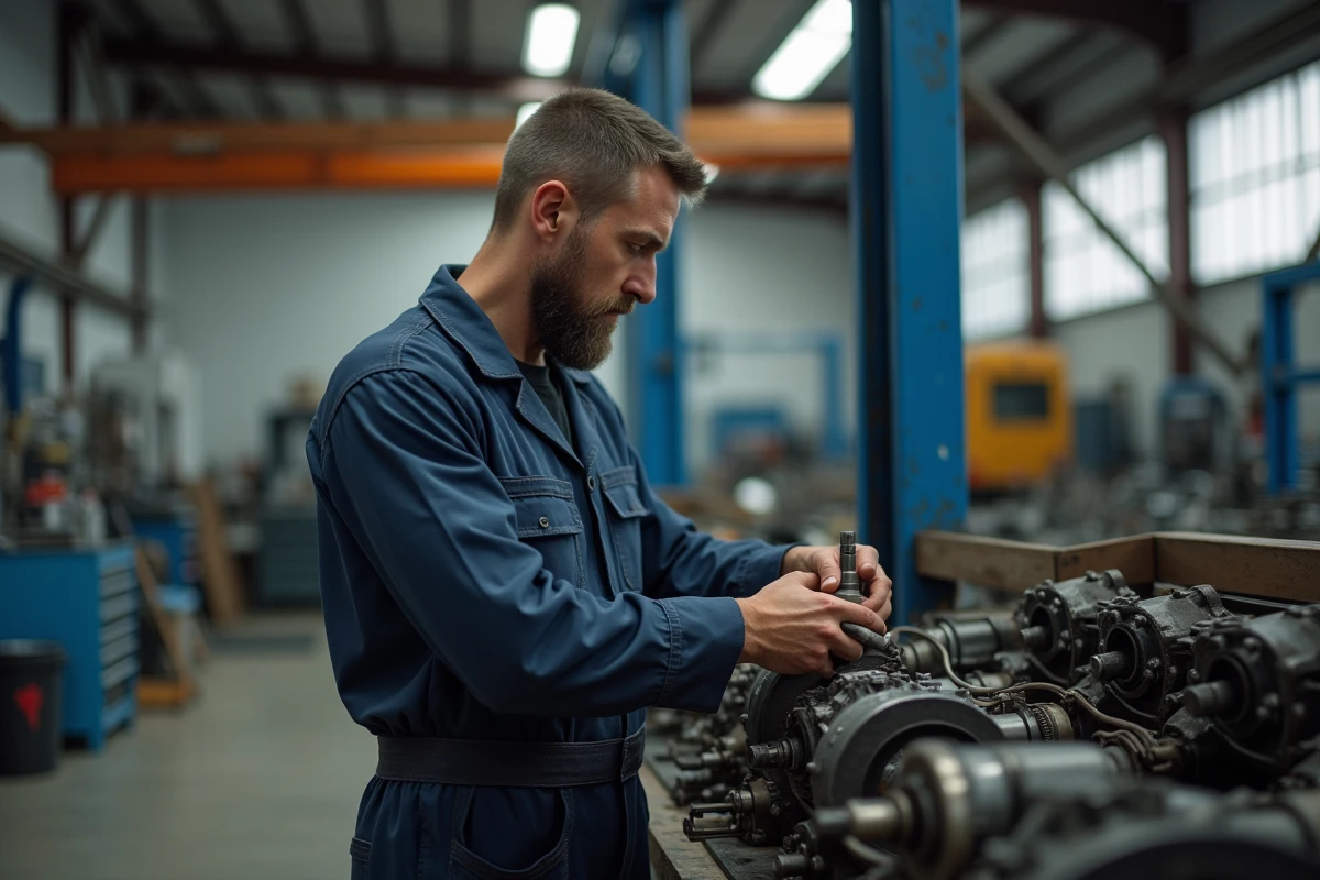 Jeune mécanicien auto en train de vérifier un moteur dans un atelier