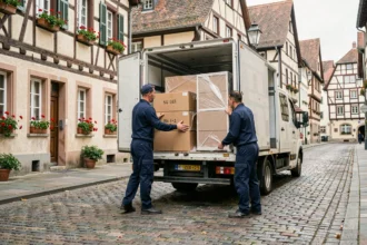 Équipe de déménageurs professionnels chargeant un camion dans une rue pavée de Strasbourg avec des façades alsaciennes en arrière-plan