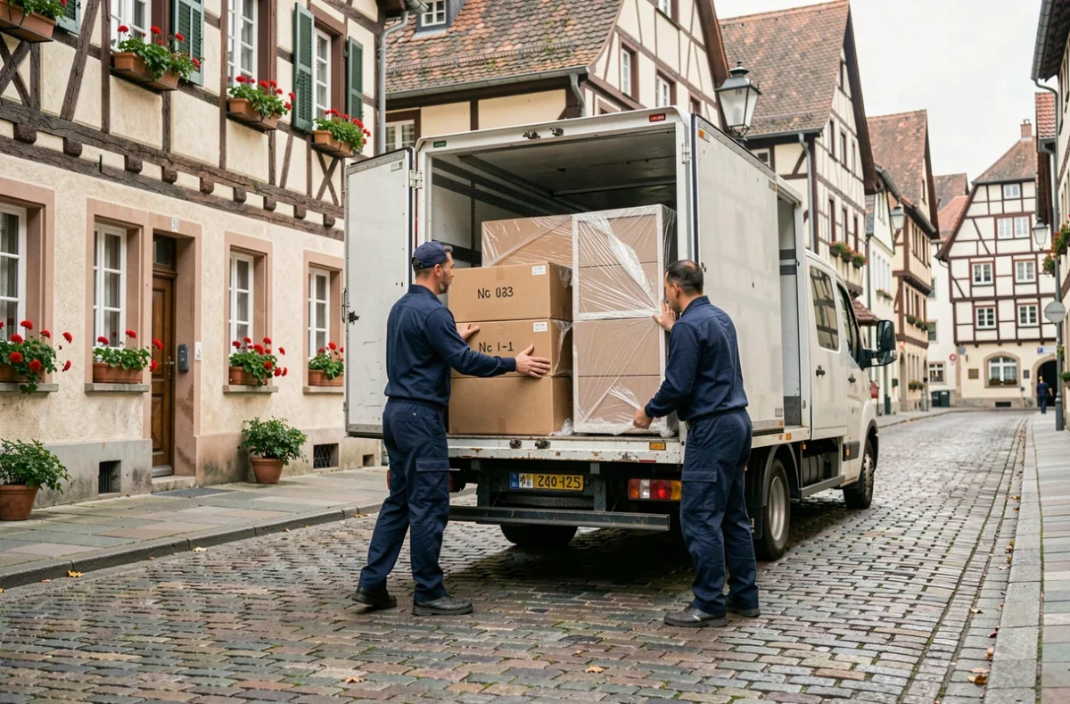 Équipe de déménageurs professionnels chargeant un camion dans une rue pavée de Strasbourg avec des façades alsaciennes en arrière-plan
