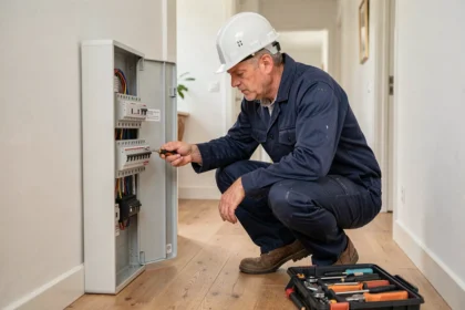 Électricien professionnel inspectant un tableau électrique dans une maison en Normandie, dans l'Eure