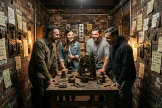Groupe de joueurs concentrés dans une salle d'escape game du Nord de la France, entourés d'énigmes et de cadenas