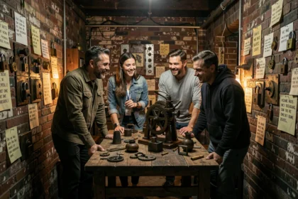 Groupe de joueurs concentrés dans une salle d'escape game du Nord de la France, entourés d'énigmes et de cadenas