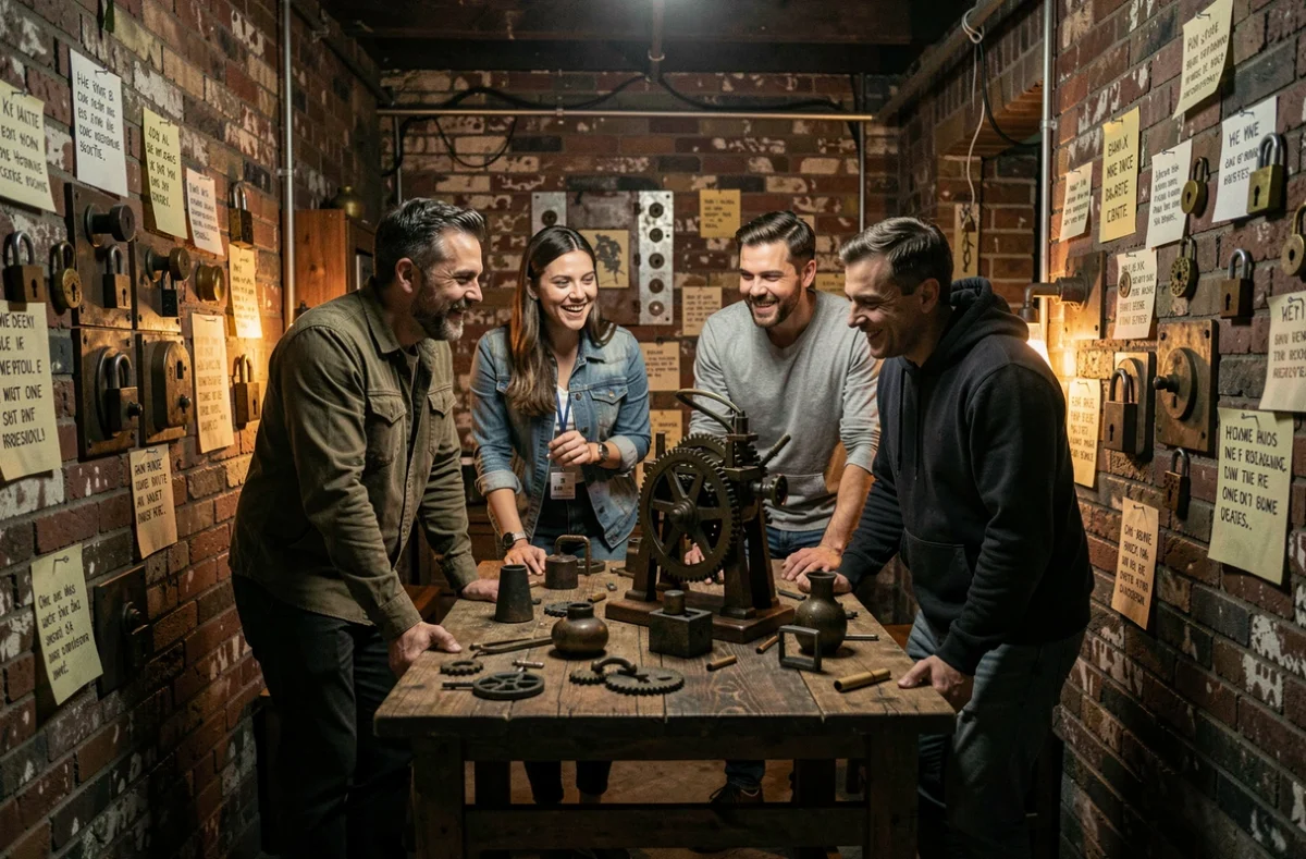 Groupe de joueurs concentrés dans une salle d'escape game du Nord de la France, entourés d'énigmes et de cadenas