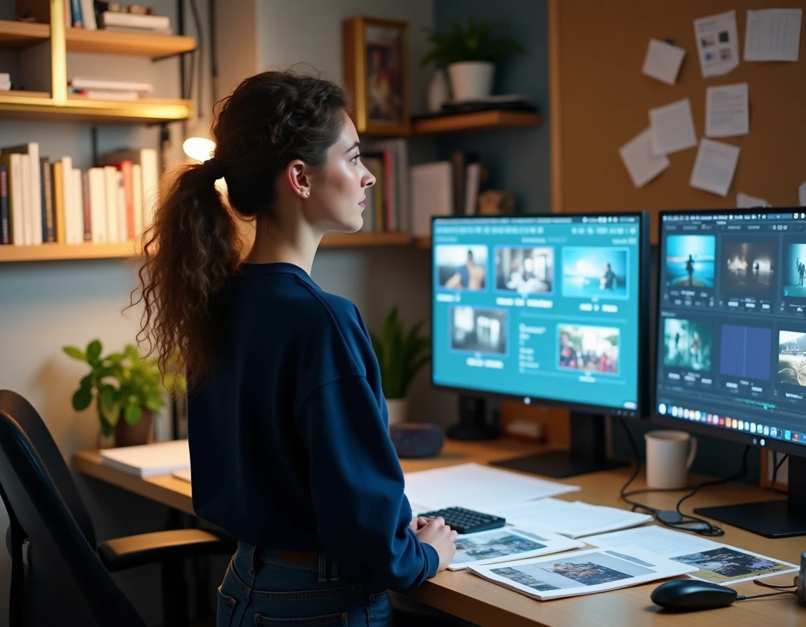 Monteuse et directrice artistique analysant des références de cinématographie sur un écran de post-production dans une salle de montage
