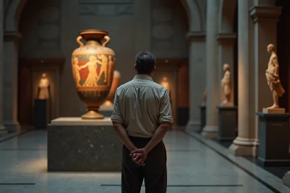 Chercheur contemplant une amphore grecque antique représentant le mythe de Prométhée dans une galerie de musée