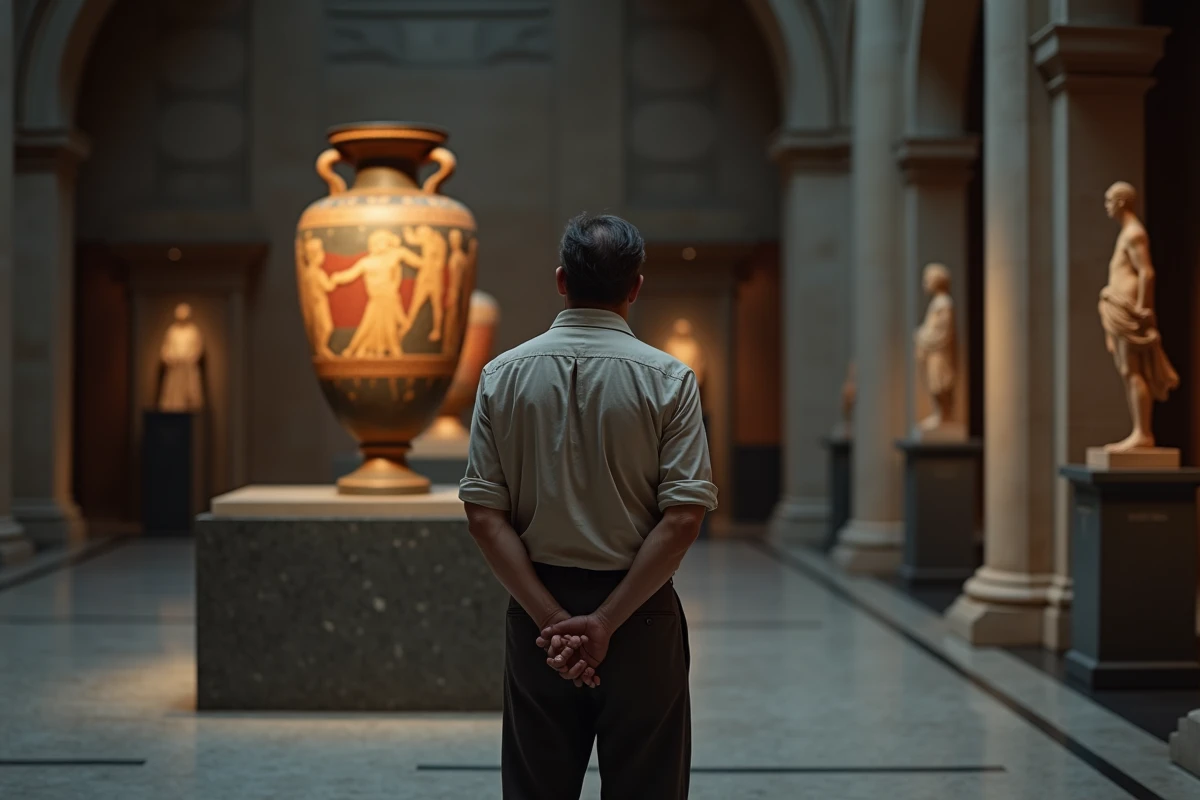 Chercheur contemplant une amphore grecque antique représentant le mythe de Prométhée dans une galerie de musée