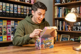 Joueur adulte ouvrant un Elite Trainer Box Pokémon Écarlate et Violet Évolutions à Paldea sur un bureau en bois
