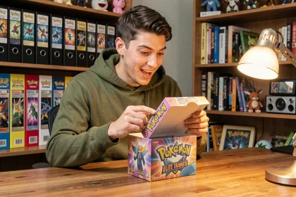 Joueur adulte ouvrant un Elite Trainer Box Pokémon Écarlate et Violet Évolutions à Paldea sur un bureau en bois