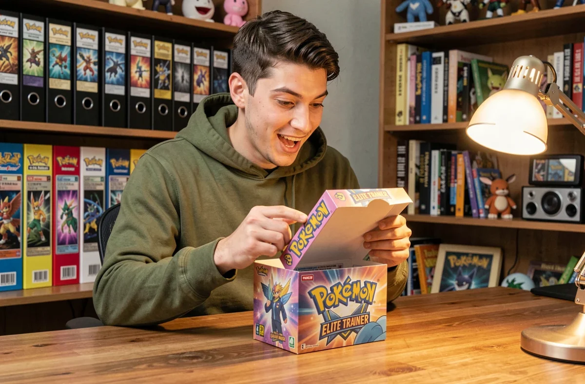 Joueur adulte ouvrant un Elite Trainer Box Pokémon Écarlate et Violet Évolutions à Paldea sur un bureau en bois
