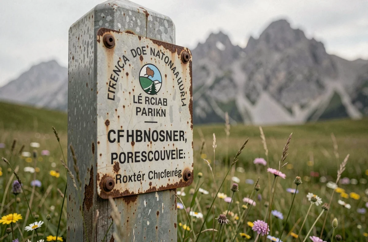 Panneau de zone protégée d'un parc national dans les Pyrénées entouré de fleurs sauvages