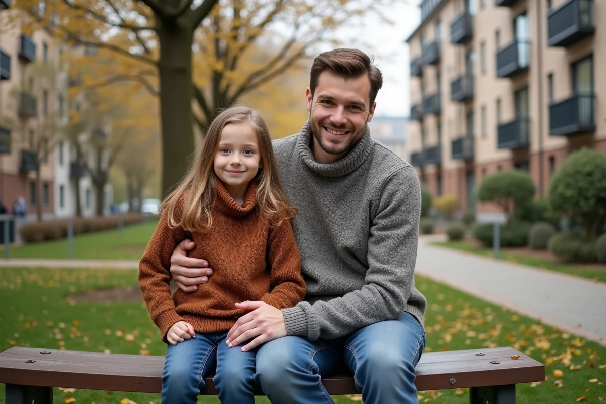 Père et fille assis dans un parc résidentiel