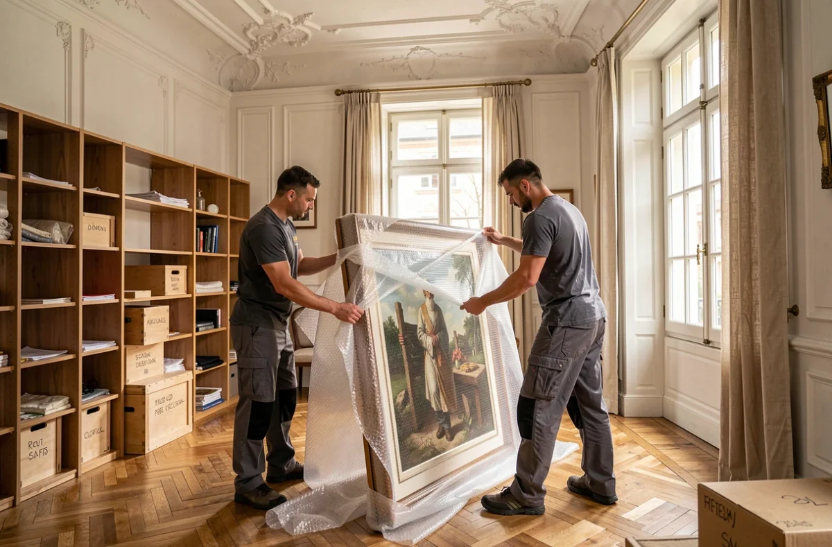 Deux déménageurs de Partner Plus Services emballant soigneusement une peinture encadrée dans un appartement bourgeois strasbourgeois