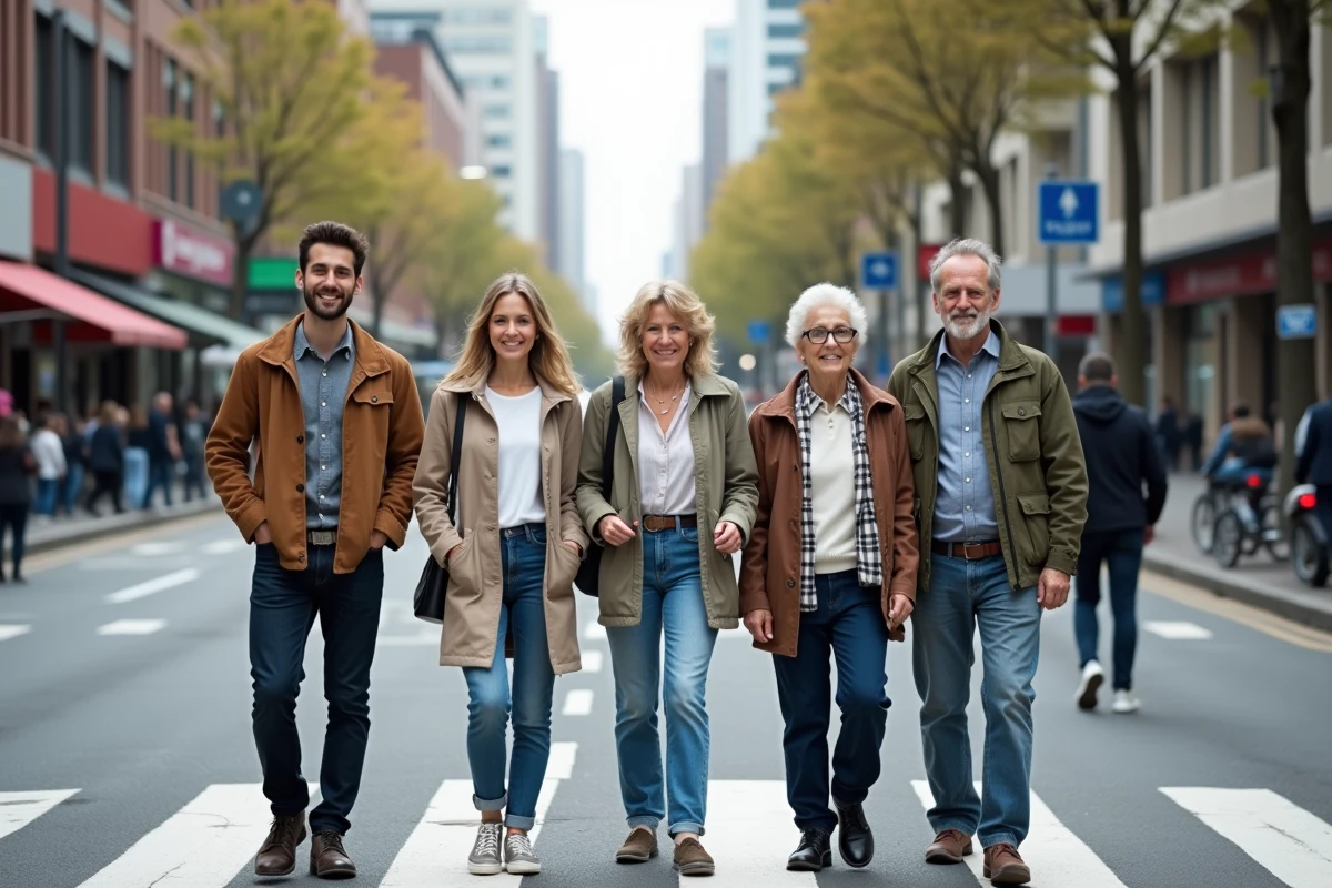 Groupe intergenerationnel souriant sur passage piétons