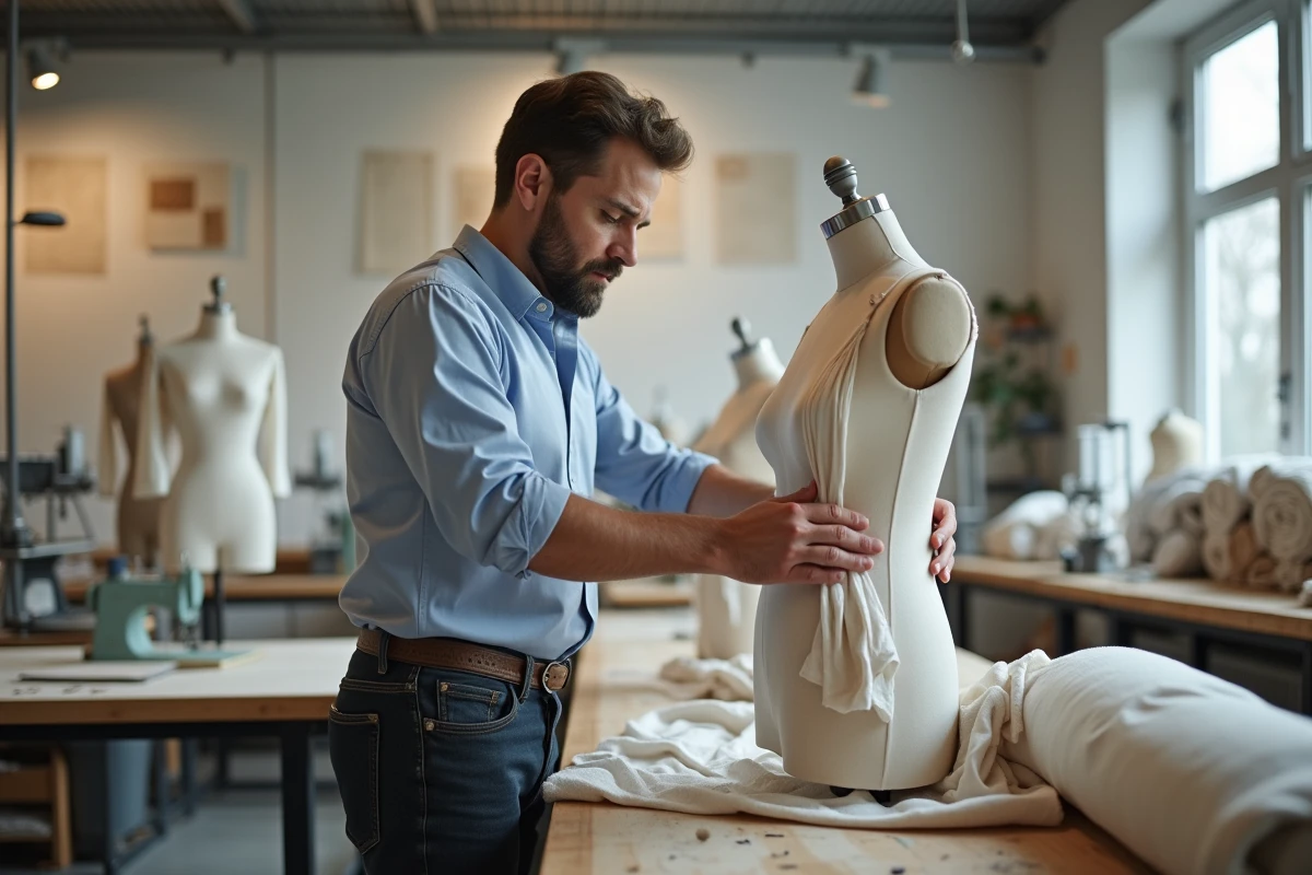 Patronnier ajustant un tissu sur un mannequin en atelier